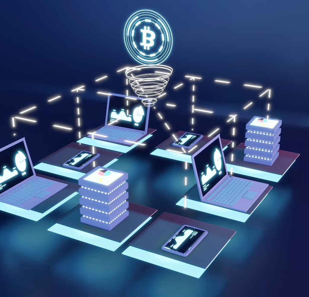 3D rendering of cryptocurrency icons symbolizing blockchain and fintech