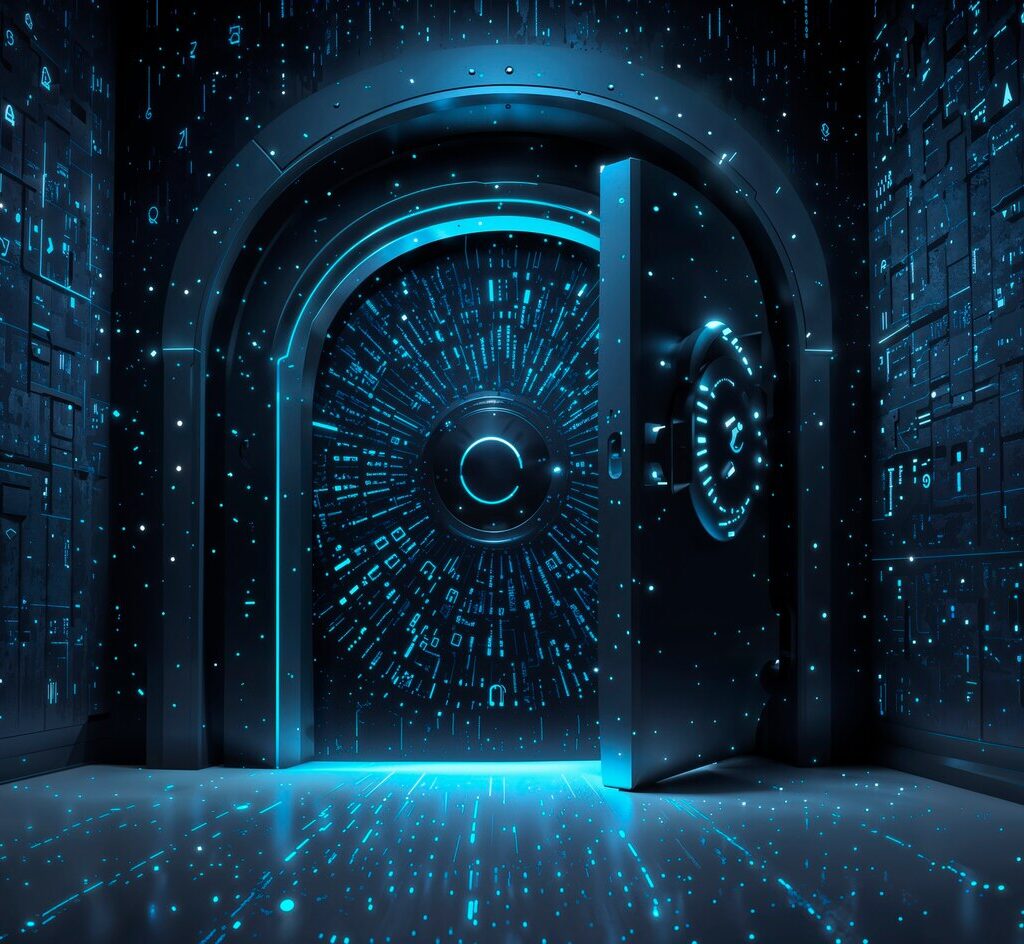 Cybersecurity concept with digital lock and data protection visuals